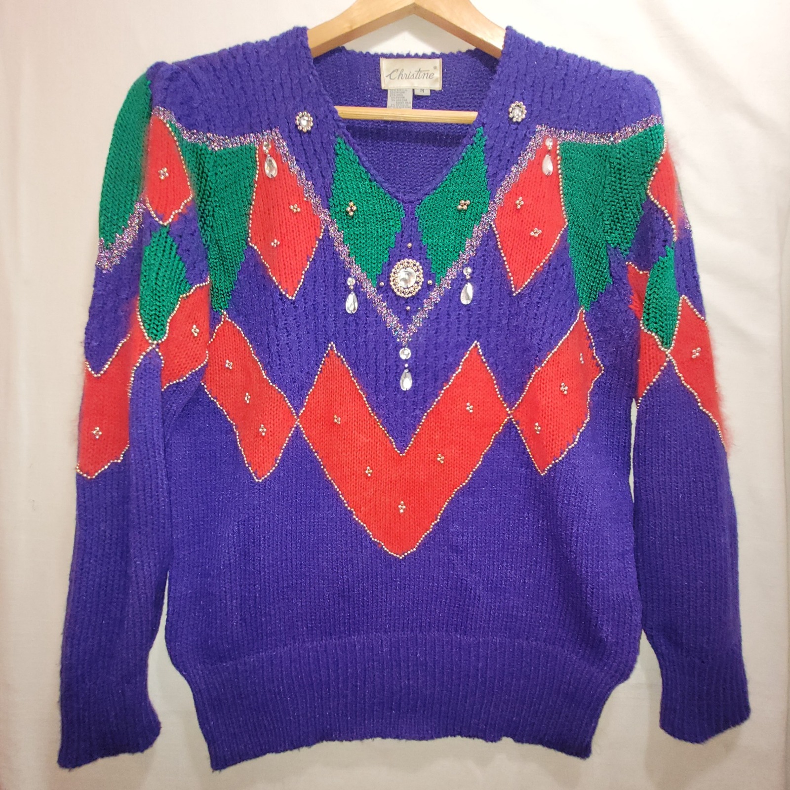 Christine Vintage 80s Medium Sweater Indigo Blue Rd Green Argyle Beaded Jewels